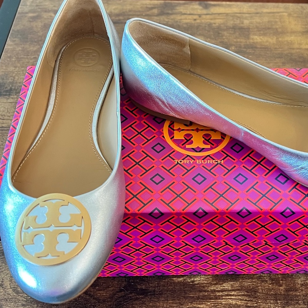 Tory Burch Metallic Silver with Gold Ballet Flats.